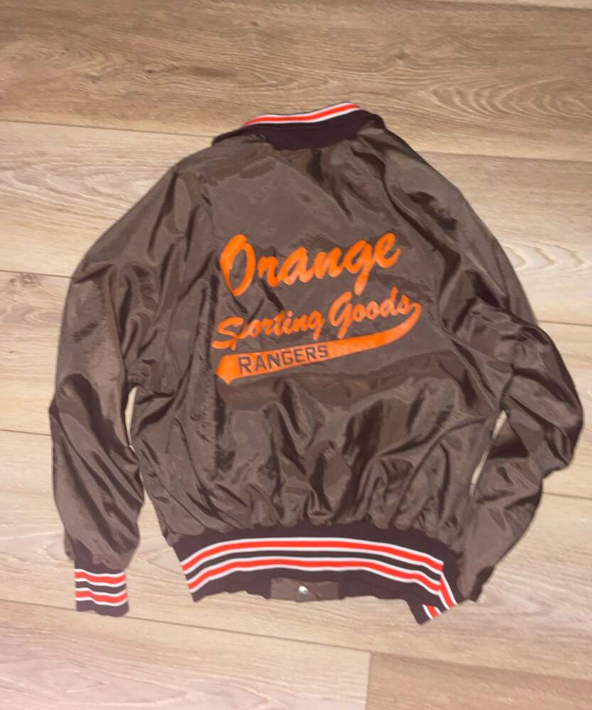 Vintage Orange Sporting Goods Rangers Bomber Jacket - Brown with Orange Stripes